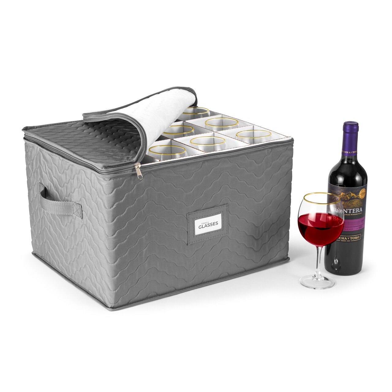 Sorbus Stemware Storage Cases (Quilted) Wine Glass Storage Box Case with Dividers and Handle for Glassware, Flutes, and Goblets